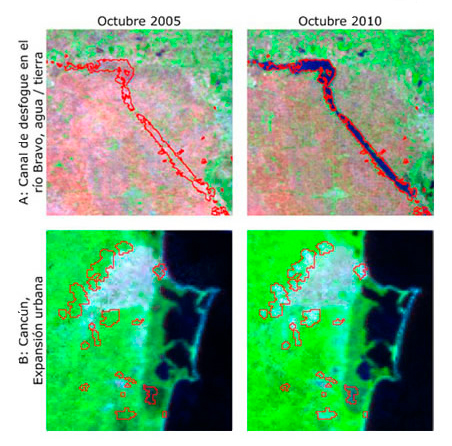 Cambio potencial entre 2005 y 2010 sobrepuesto imágenes satelitales para dos sitios (Colditz et al. 2014a)