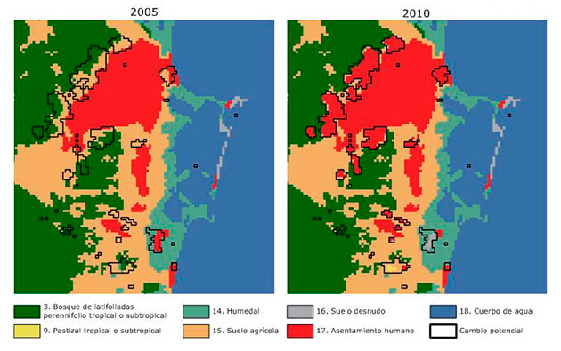 Cambio real (cambio de clase en la cobertura de suelo) entre 2005 y 2010 para el sitio de Cancún